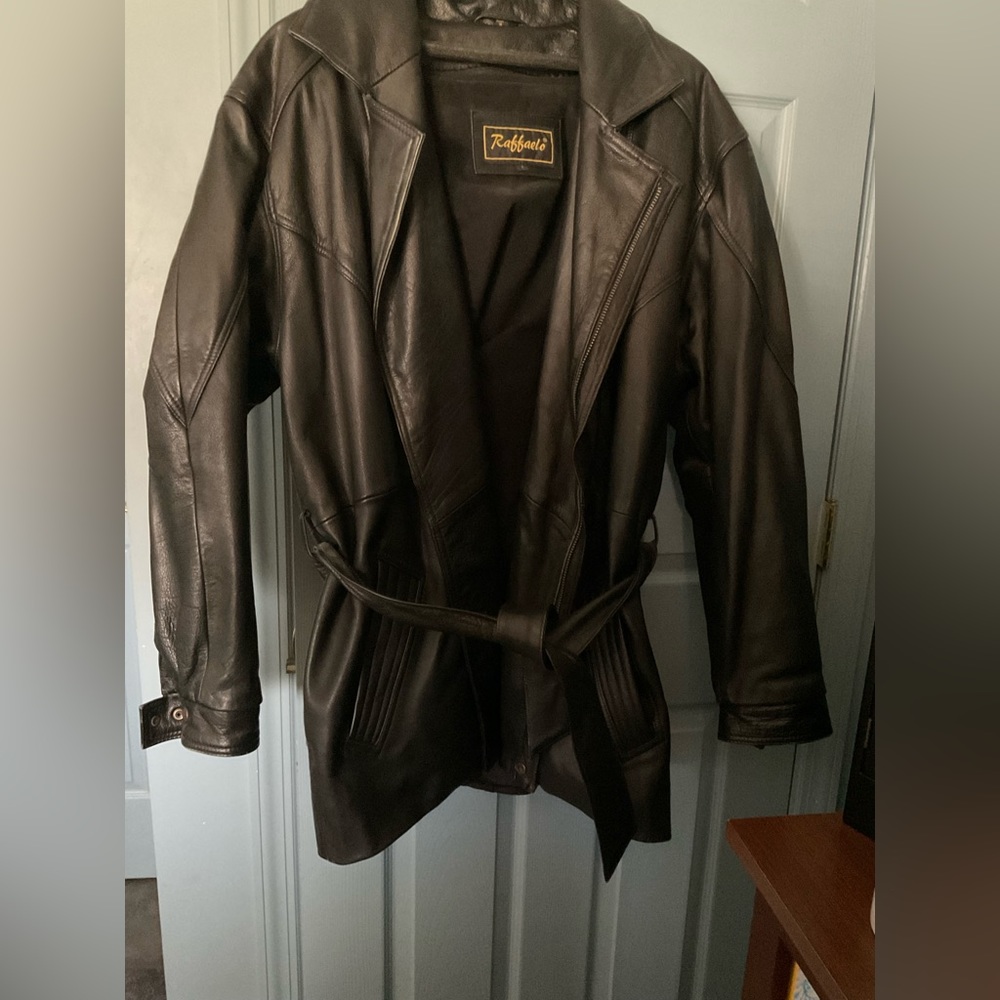 Mens Mid length lined belted leather jacket